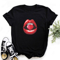 Moda damska Casual cekiny czerwona warga T-Shirt t-shirty 2020 Vintage kreatywność zipper usta T-Shirt,drop ship 4